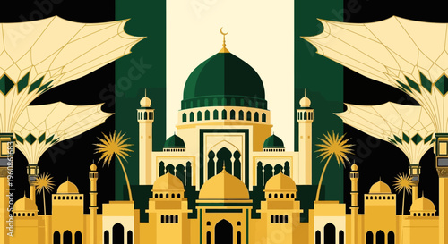 Flat Vector Illustration of Al-Masjid an-Nabawi Mosque in Medina, Saudi Arabia with Green Dome and Umbrellas