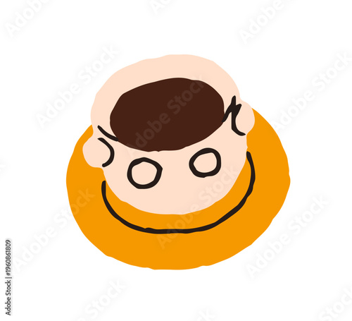 Black coffee in modern cup on saucer. Morning drink, americano. Breakfast coffe beverage, filter batch brew. Warm tea in trendy mug. Flat vector illustration isolated on white background.