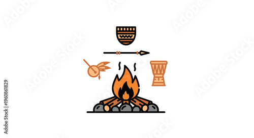Traditional Tribal Campfire Vector Illustration Featuring African Style Drum Mask and Spear Design