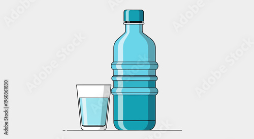 Minimalist Illustration of a Blue Plastic Water Bottle and a Glass of Fresh Drinking Water
