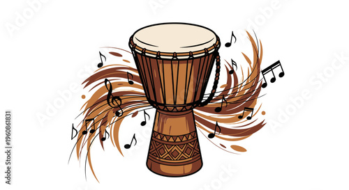 Traditional African Djembe Percussion Instrument with Music Notes Graphic Design Element Illustration