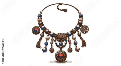 Traditional Tribal Ethnic Necklace with Lotus and Yin Yang Pendants Vector Illustration