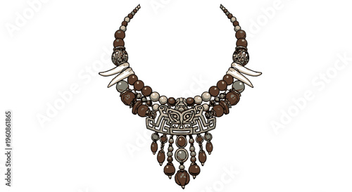 Ancient Tribal Style Beaded Necklace with Tusk and Mask Pendant Vector Graphic Element