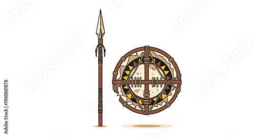 African Tribal Spear and Shield Vector Illustration for Ethnic Warrior and Cultural Design Elements