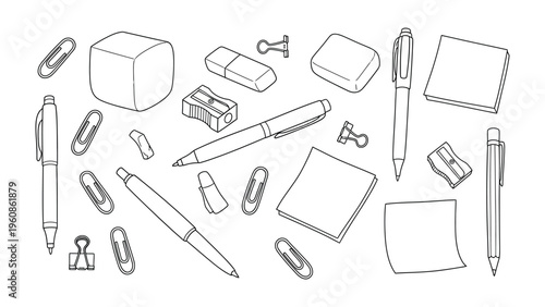 Essential Office Supplies: An overhead view of a neat array of office essentials, ready to inspire focus and creativity in any workspace. 