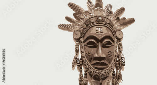 Traditional African Ceremonial Tribal Mask with Feathers Vector Illustration Design Element