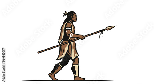 Ancient Tribal Hunter in Traditional Clothing Walking with Spear Vector Illustration