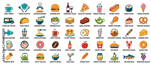 A variety of colorful food icons and symbols.