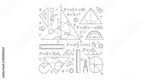Geometric Composition: An intricate assortment of geometric shapes, equations, and mathematical tools intricately arranged to showcase the beauty and complexity of mathematics