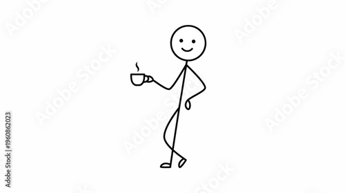 Content Stickman Character Standing and Holding a Steaming Coffee Cup, Enjoying a Quiet Moment, in an isolated white background