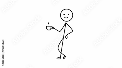 Smiling Stickman Character Holding a Hot Beverage Cup, Feeling Content and Relaxed, in an isolated white background