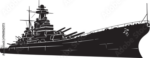 Battleship, warship, naval vessel, military ship, black silhouette, vector illustration