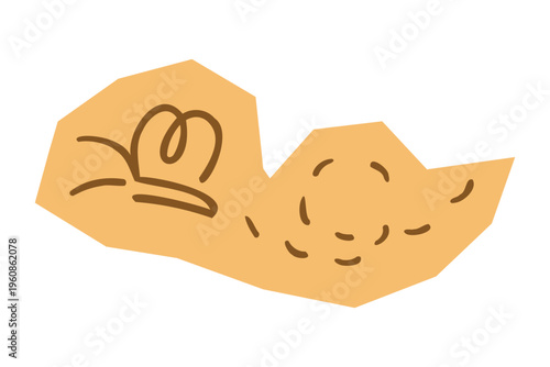 Hand drawn flying butterfly with dotted trail on tan shaped element for scrapbook and journal. Vector illustration design.