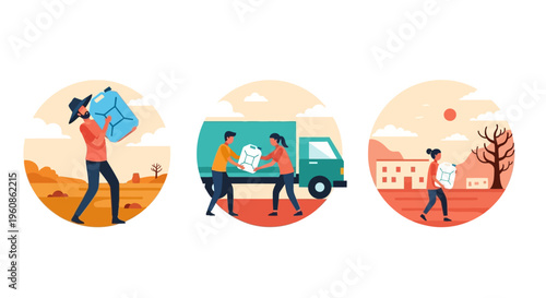 Humanitarian Aid and Water Scarcity Concept Vector Illustration Set - People Carrying Water Containers in Dry Arid Regions with Delivery Truck and Village
