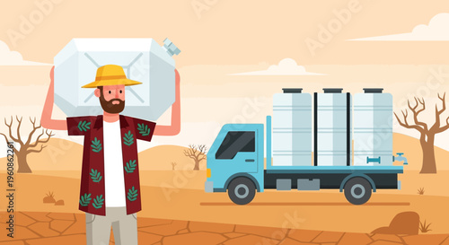 Man Carrying Water Container in Arid Desert Landscape with Delivery Truck, Water Scarcity and Global Crisis Concept, Flat Vector Illustration for Environmental Awareness