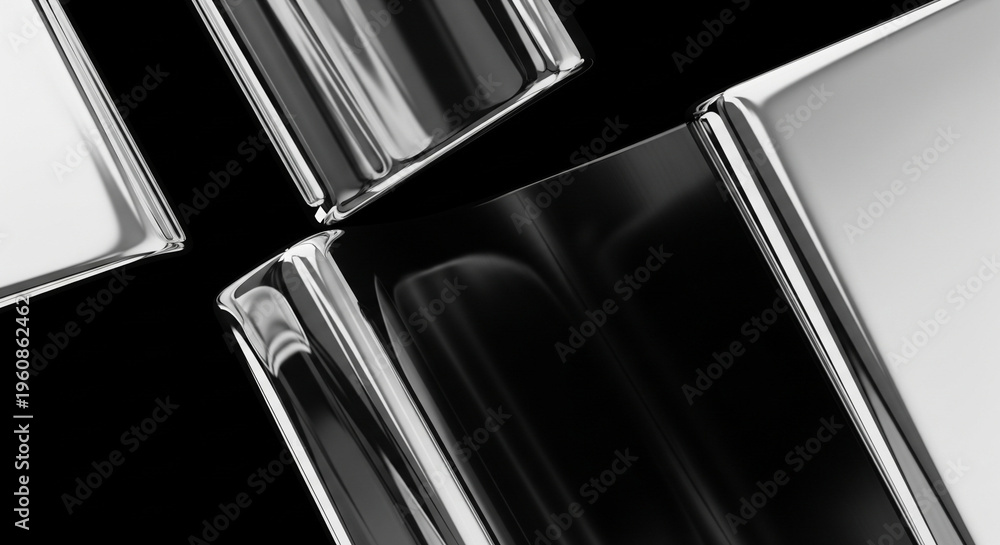 Naklejka premium Abstract geometric composition with chrome lines forming triangular shapes reflecting light