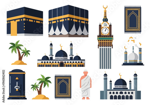 Islamic Hajj and Umrah Pilgrimage Vector Icon Set with Kaaba, Mosque, and Clock Tower
