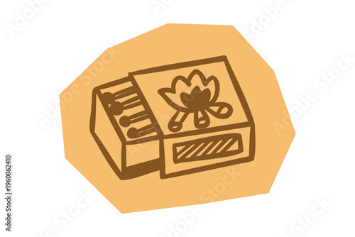 Hand drawn open matchbox with matches and bonfire icon on tan shaped element for scrapbook and journal. Vector illustration design.