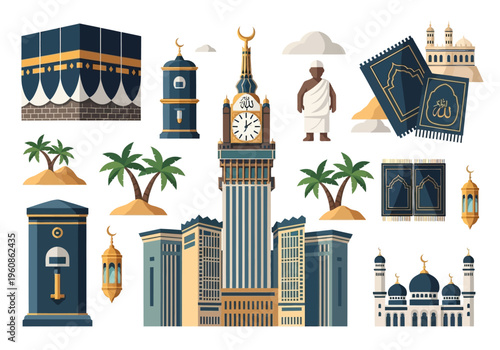 Flat Vector Illustration Set of Hajj and Umrah Icons Featuring Kaaba, Mecca Clock Tower, Mosque, and Islamic Symbols for Pilgrimage Design