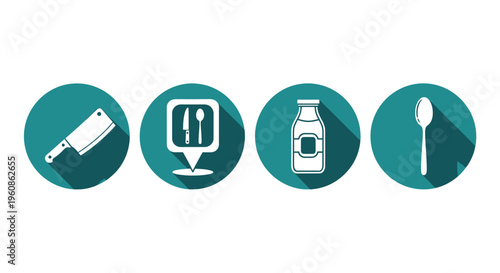 Set of Flat Kitchen and Restaurant Icons with Long Shadows on Teal Background