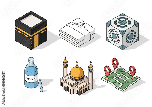 Isometric Hajj and Umrah Pilgrimage Icon Set Including Kaaba, Mosque, Zamzam Water, and Ihram Clothing