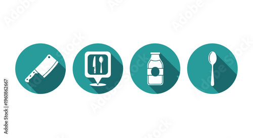 Kitchen and Food Icons Set: Meat Cleaver, Restaurant Location, Milk Bottle, and Spoon in Flat Long Shadow Style