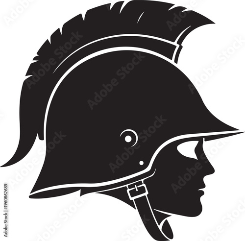 Black Gladiator Helmet Vector, Ancient Warrior Headgear, Silhouette Illustration, White Background
