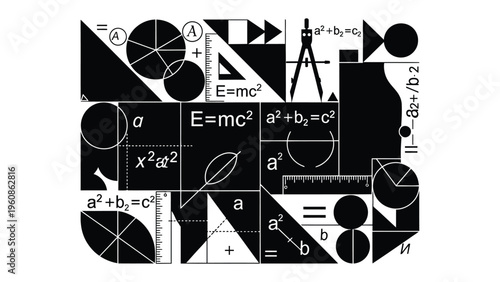 Mathematical Universe: A dynamic, artistic arrangement of essential mathematical symbols, equations, and shapes, creating a visually stimulating composition. 