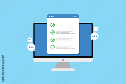 Online survey, complete online survey form, customer feedback on survey form, Vector Illustration