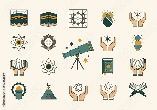 Islamic Religious and Scientific Icon Set with Kaaba, Quran, Telescope, and Praying Hands for Ramadan and Hajj Designs