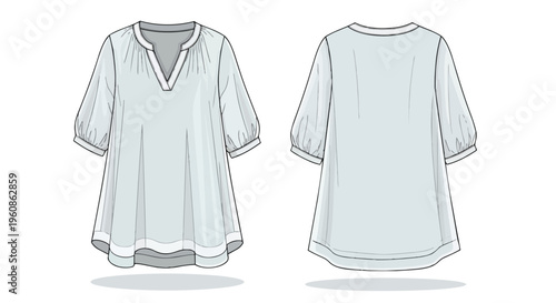 Technical flat fashion sketch of a women's relaxed fit tunic blouse with gathered sleeves and V-neck