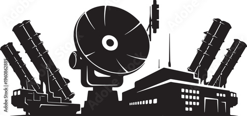 Satellite dishes, antennas, and radar systems, industrial communication technology, black vector icons, signal transmission equipment, telecommunications infrastructure