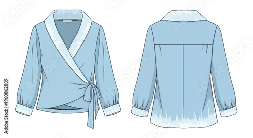 Light blue wrap blouse flat sketch. White shawl collar, bishop sleeves, wide cuffs, side tie. Front and back views.
