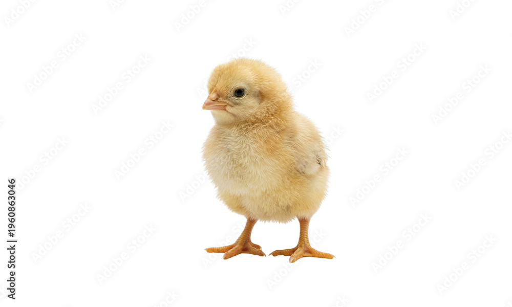 Fototapeta premium A fluffy yellow chick stands facing slightly right on transparent background