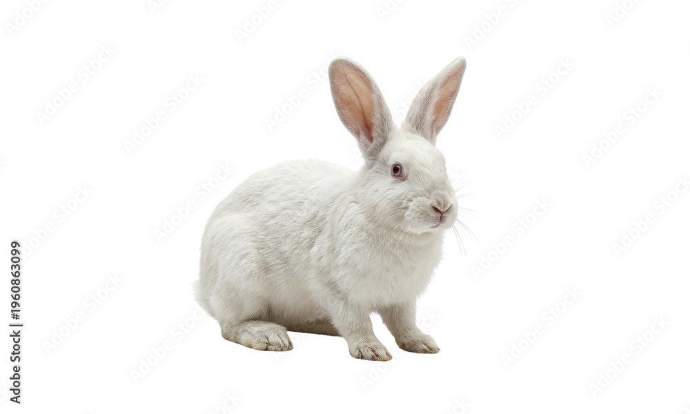Fototapeta premium A fluffy white rabbit sits attentively facing slightly right on transparent background