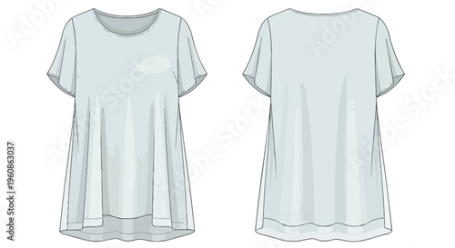 Technical illustration of a stylish women's loose-fit short-sleeve top featuring a relaxed silhouette and comfortable design perfect for casual wear
