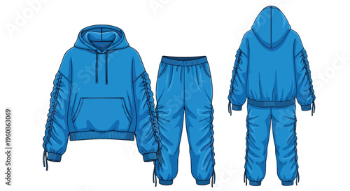 Blue tracksuit fashion flat sketch featuring a ruched sleeve hoodie and matching drawstring joggers, perfect for modern apparel design concepts and