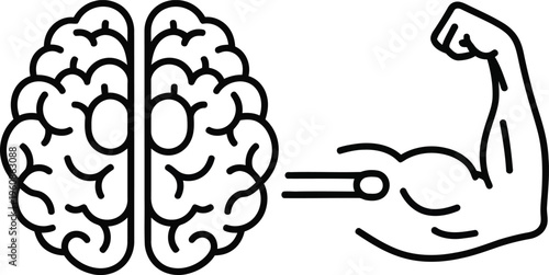 A line art illustration depicting a brain connected to a flexing bicep arm high quality professional