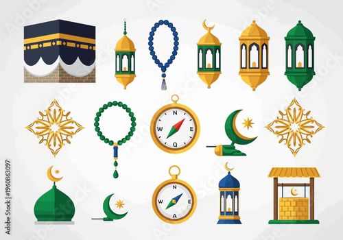 Islamic Icon Set for Ramadan and Hajj with Kaaba, Lanterns, Prayer Beads, and Qibla Compass Vector Illustration