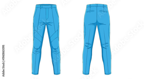Vibrant blue men's trousers rendered with clean minimalist vector art showing both front and rear perspectives isolated for fashion design purposes
