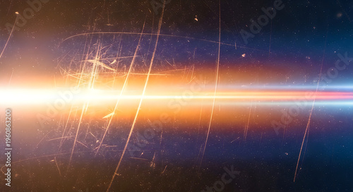 Cinematic Blue and Orange Anamorphic Light Leak Overlay with Vintage Film Scratches and Realistic Dust Particles