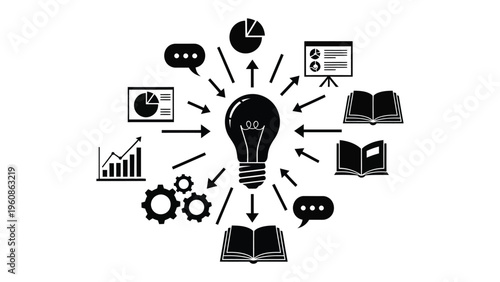 Illumination of Idea: Central lightbulb symbolizes an idea's spark, surrounded by interconnected icons representing different components, showcasing the genesis of thoughts and innovation.