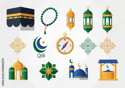 Islamic Religious Symbols and Icons Vector Set: Kaaba, Mosque, Lanterns, Tasbih, and Qibla Compass for Ramadan, Hajj Pilgrimage, and Eid Celebration