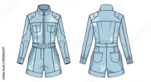 Fashion flat sketch of a light blue denim romper with full sleeves and belt design front and back