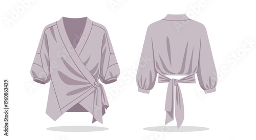 Vector illustration of a stylish light purple women's wrap blouse with puff sleeves and a sophisticated tie-back design, showcasing both front and