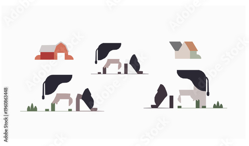 Minimal cows grazing meadow vector farm landscape simple illustration design