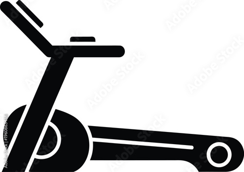 A simple black silhouette icon depicting a modern treadmill for indoor exercise and fitness high quality