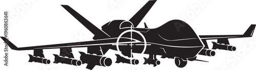 Military drone, combat aircraft, black silhouette, vector illustration, unmanned aerial vehicle