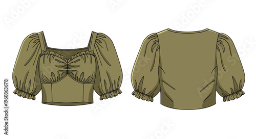 Technical fashion flat sketch of a chic olive green women's contemporary puff sleeve square neckline blouse garment displaying both front and back