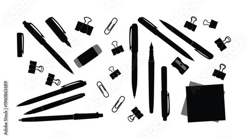 Office Supplies Silhouette: A collection of office essentials, including pens, paper clips, and binder clips, presented in a sleek silhouette, perfect for conveying professionalism and simplicity.